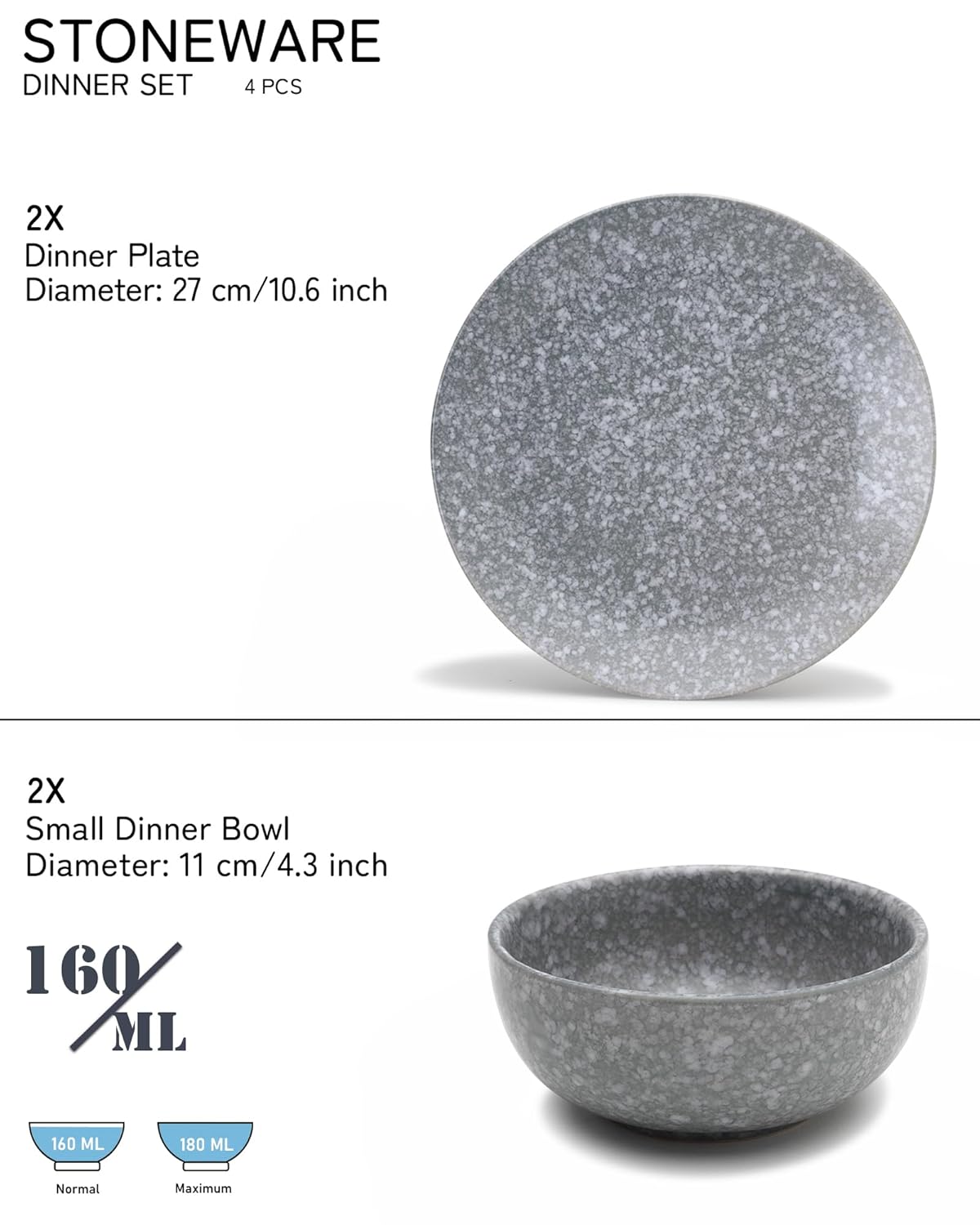 Handcrafted Premium Ceramic Dinner Set - Pack Of 4, Silver Grey | 2 Dinner Plates + 2 Small Dinner Bowl, 160ml Each - Scratch Resistant, Microwave & Dishwasher Safe