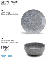 Handcrafted Premium Ceramic Dinner Set - Pack Of 4, Silver Grey | 2 Dinner Plates + 2 Small Dinner Bowl, 160ml Each - Scratch Resistant, Microwave & Dishwasher Safe