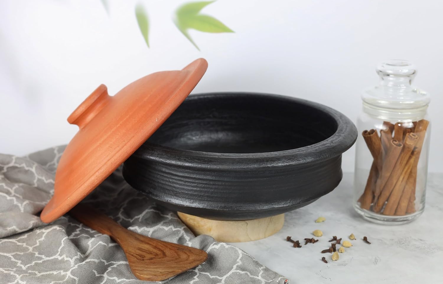 Deep Burned Uncoated Clay Pot With Lid Or Mitti Handi With 2 Spatulas Complimentary For Cooking & Serving - Black, 1 Liter | Pre-Seasoned Mud Pot - Unglazed, Double Fired, Hand Crafted