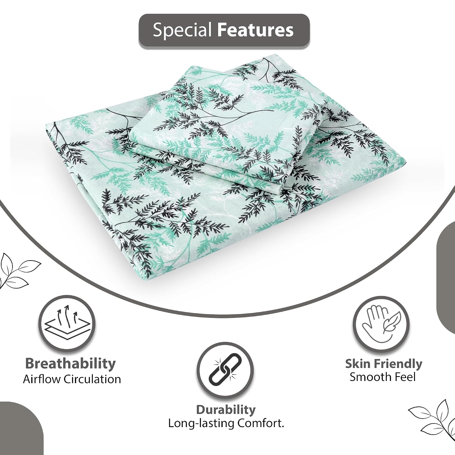 1 Single Bedsheet With 1 Pillow Cover - 57 X 87 Inches, Aqua Mist | Skin Friendly Fabric For Everyday Use - Soft, Breathable & Comfortable Sleeping