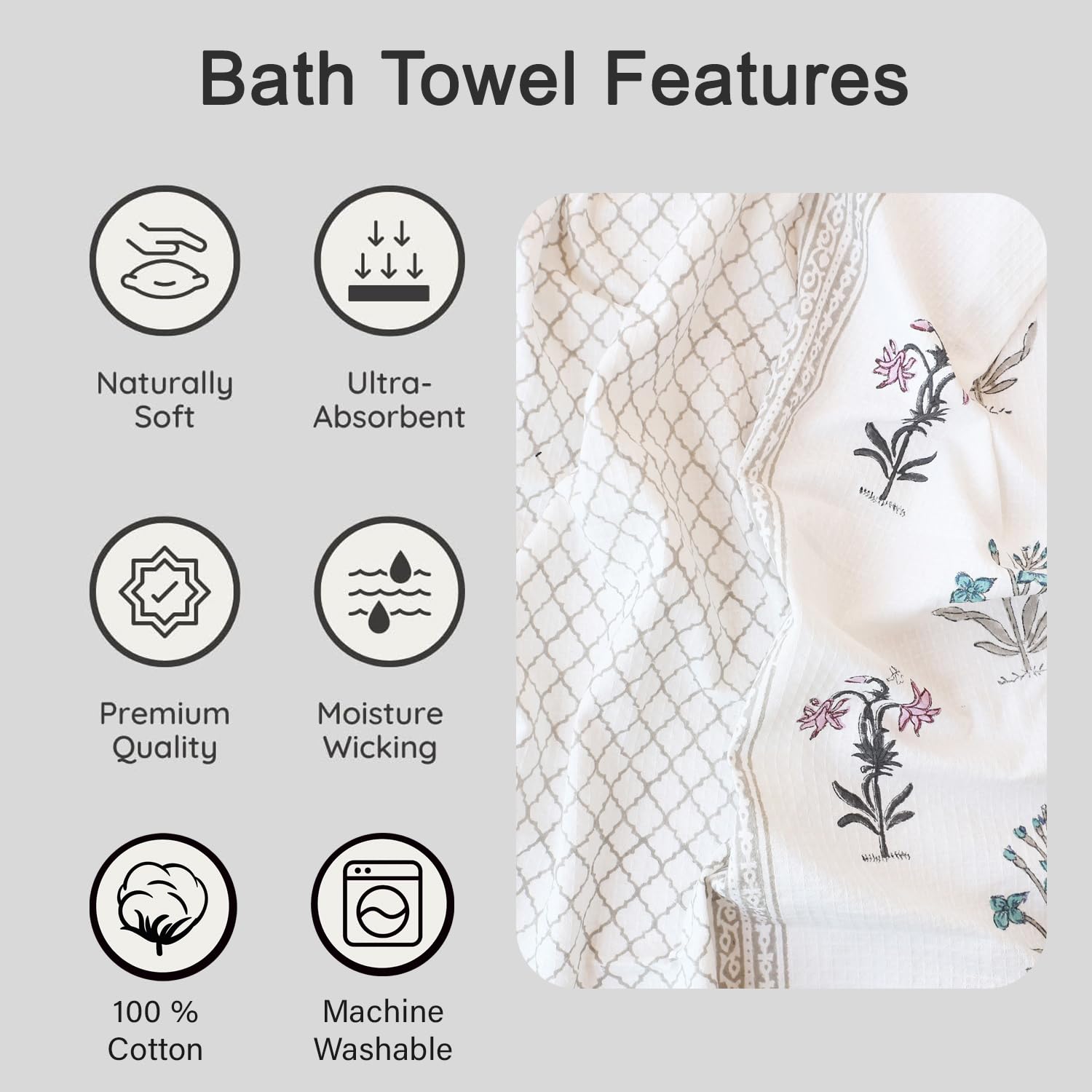 Urbano Homz 100% Cotton Large Size Waffle Weave Bath Towel 200 Gsm | Lightweight & Quick Dry Waffle Weave Ethnic Soft Towels (Floral Multicolor)