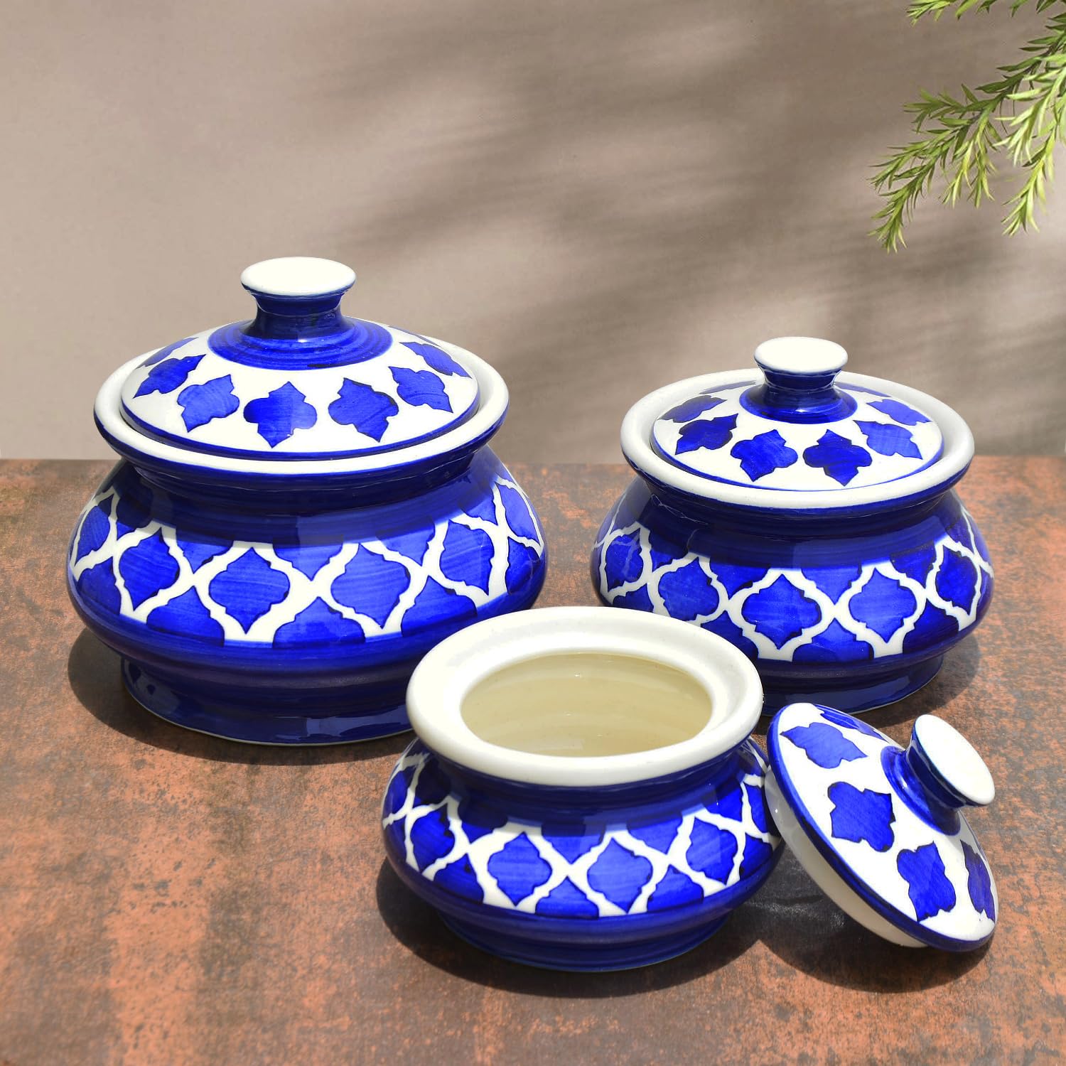 Hand Painted Ceramic Handi Set With Lid Set Of 3 - 1900ml, 1200ml & 650ml, Blue | Dinner Serving Bowls - Biryani Handis, Serving Pots