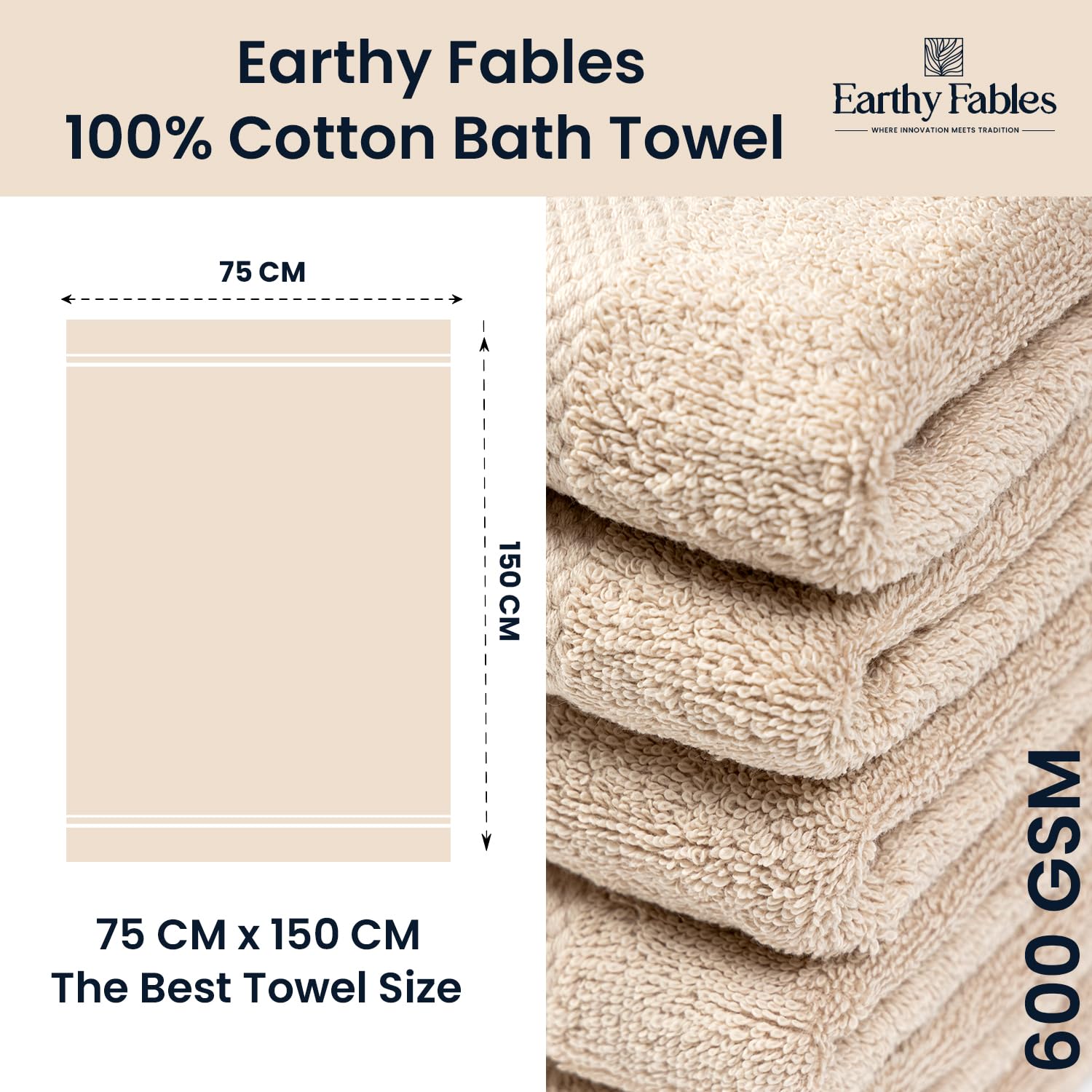 Earthy Fables Premium Bath Towel 600 Gsm | 100% Combed Cotton Ultra Soft, Quick Dry & Highly Absorbent For Home, Travel And Acne-Prone Skin (Beige) Set Of 2