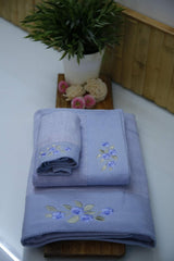 100% Bamboo Embroidery Bath, Hand & Face Towel Set 900 Gsm (Blue) - 3 Pcs