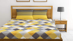 100% Pure Cotton Bedsheet For Double Bed With 2 Pillow Covers - 88 X 90 Inches, Yellow & Grey | Soft & Breathable Fabric | Comfortable For Daily Use