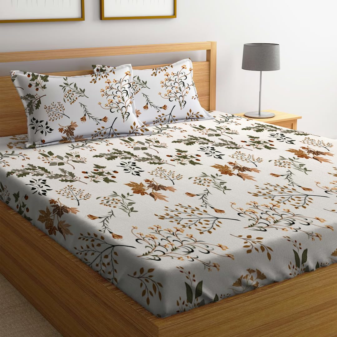 Double Bed Bedsheet With 2 Pillow Covers - 72 X 78 X 10 Inches, White & Brown | Elastic Fitted Printed King Size Bedsheet | Soft, Breathable & Wrinkle-Free