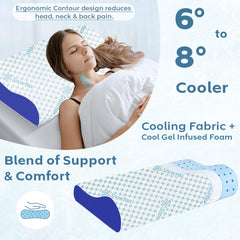 Cooling Cervical Memory Foam Pillow For Neck & Shoulder Pain Relief, Blue & White | Orthopedic Contour Pillow For Sleeping & Spinal Alignment | Ergonomic Support, Washable - Pack Of 1