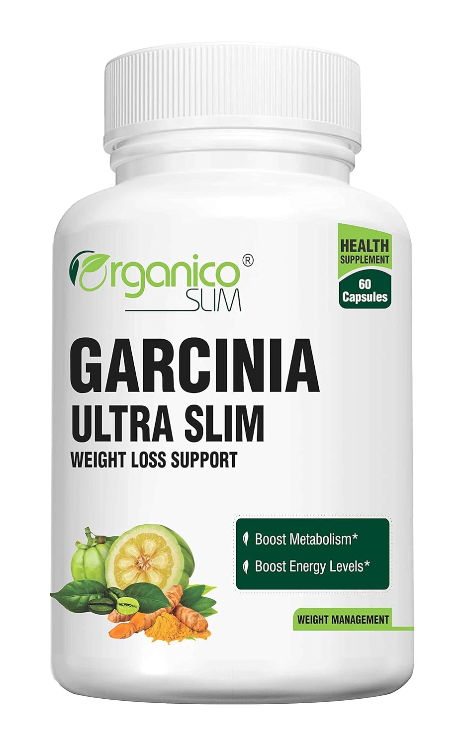 Organico Slim Garcinia Ultra Slim With Green Tea, Green Coffee Bean, Coleus Forskohlii, Black Pepper With Chromium Picolinate, Caffeine For Metabolism & Weight Loss | 60 Capsules 100gm 0.2lbs
