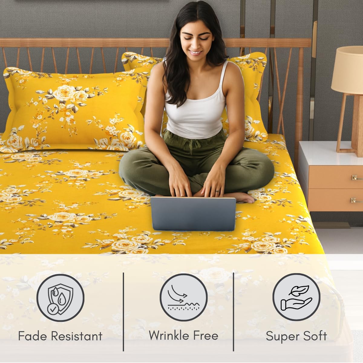 Includes 1 Queen Size Bedsheet With 2 Matching Pillow Covers - 90 X 100 Inches, Yellow | Ideal For Modern Indian Bedrooms, Guest Rooms, & Everyday Home Use