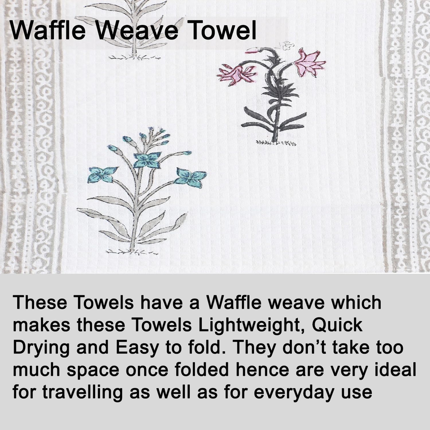 Urbano Homz 100% Cotton Large Size Waffle Weave Bath Towel 200 Gsm | Lightweight & Quick Dry Waffle Weave Ethnic Soft Towels (Floral Multicolor)