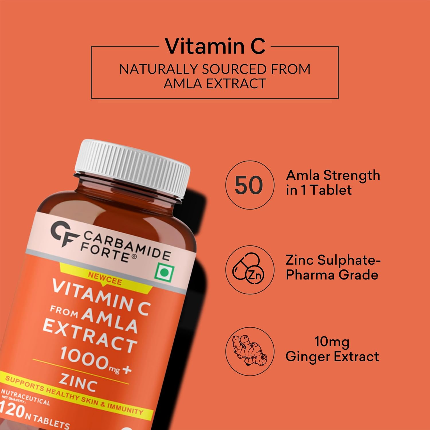Carbamide Forte Natural Vitamin C Amla Extract With Zinc For Immunity & Skincare | 120 Veg Tablets , 200gm 0.4lbs