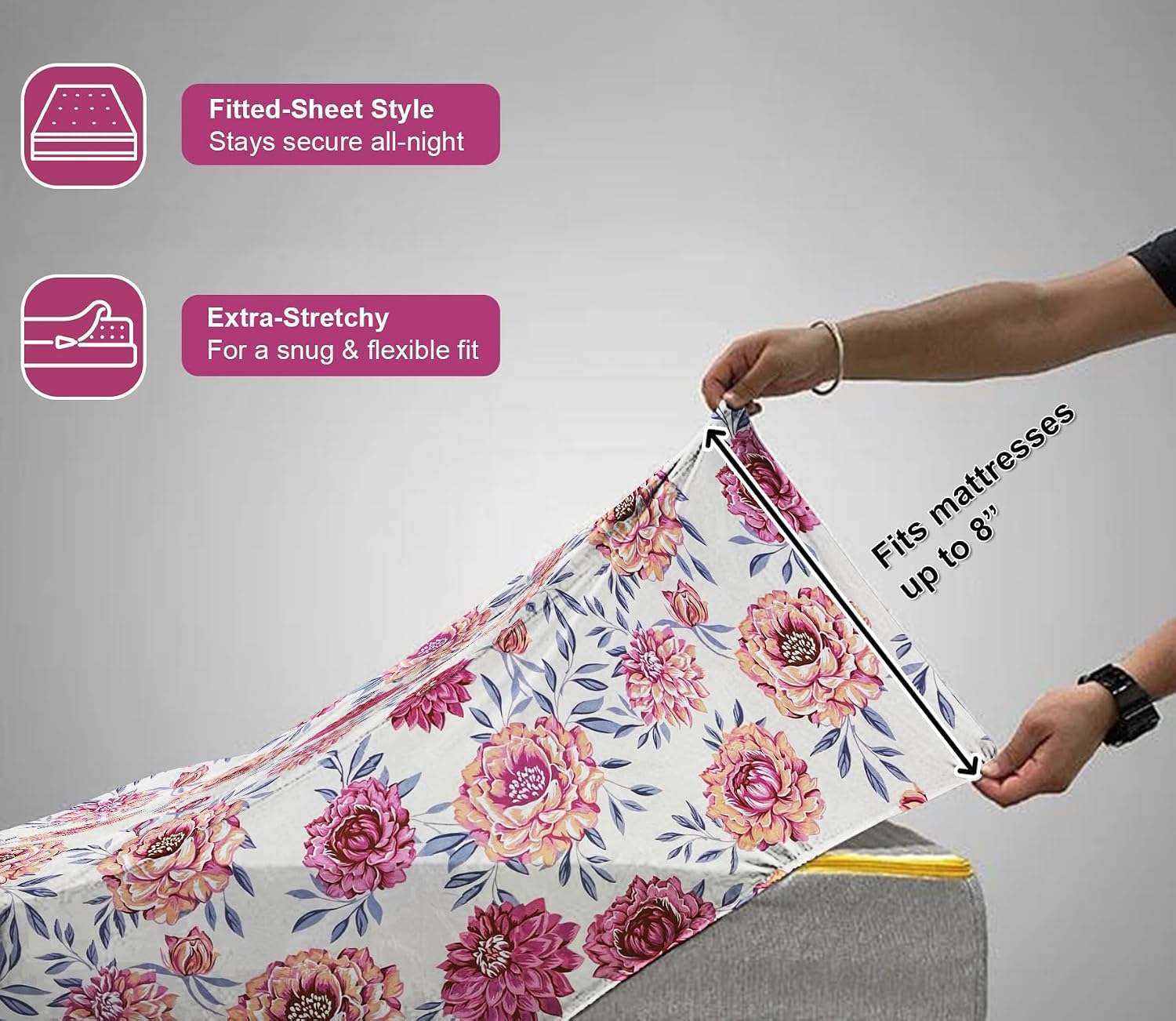 1 Double Bedsheet For King Size With 2 Pillow Covers - 78x72+10 Inches, Multicolor | Leakproof, Dustproof & Skin-Friendly - All Round Elastic Fitted Bedsheet