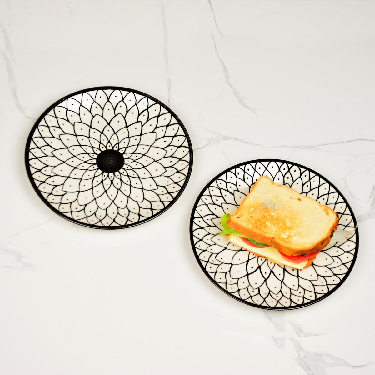 Hand Painted Black & White Spiral Ceramic Quarter Plates Set Of 2 - 7 Inches | Dishwasher Safe Small Side Plates - Microwave Safe Snack Plates For Party