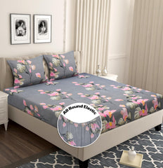 Cotton 1 Double Bedsheets With 2 King Size Pillow Covers - Size - 72x78+10 Inches, Grey & Pink | King Size Bed With All Around Elastic Bedsheet - Breathable Long Lasting Light Weight Wrinkle Free