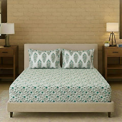 Queen Size Printed Elastic Fitted Bedsheet With 2 Pillow Covers - 60 X 78 Inches, White & Green | Lightweight, Soft & Breathable Durable & Long Lasting Bedsheet