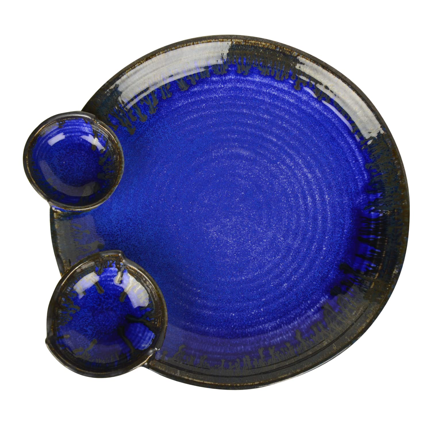 Ceramic Chip & Dip Platter With 2 Fixed Dip Bowls - Prussian Blue, 12 Inches, 1200 Gm | Starter Serving Tray - Luxurious Midnight Blue