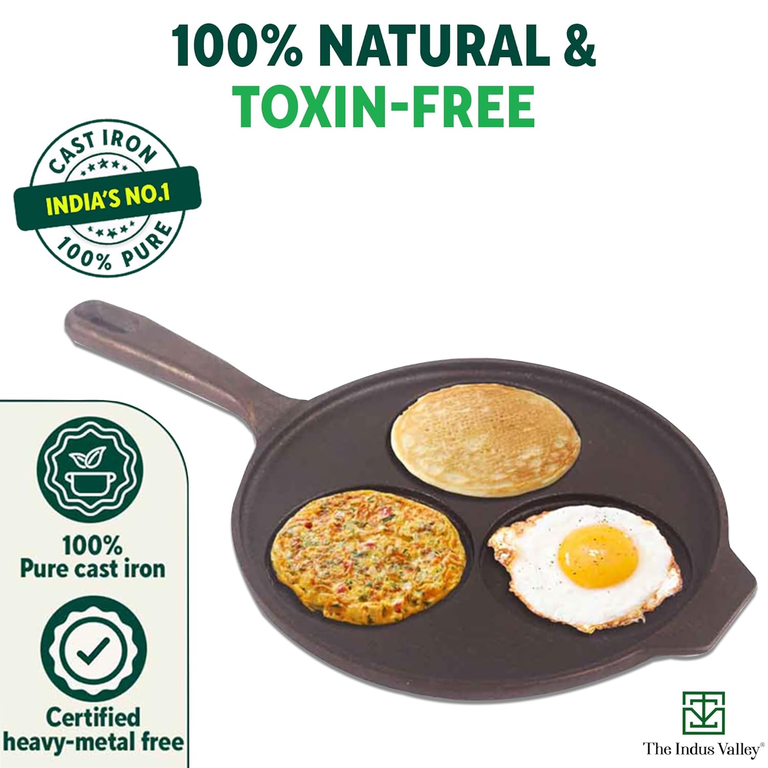 Pre-Seasoned Black Cast Iron Uttapam Tawa - 3 Pit, 23cm, 9 Inch, 1.6 Kg | Induction Friendly, Naturally Nonstick, 100% Pure & Toxin-Free, No Chemical Coating