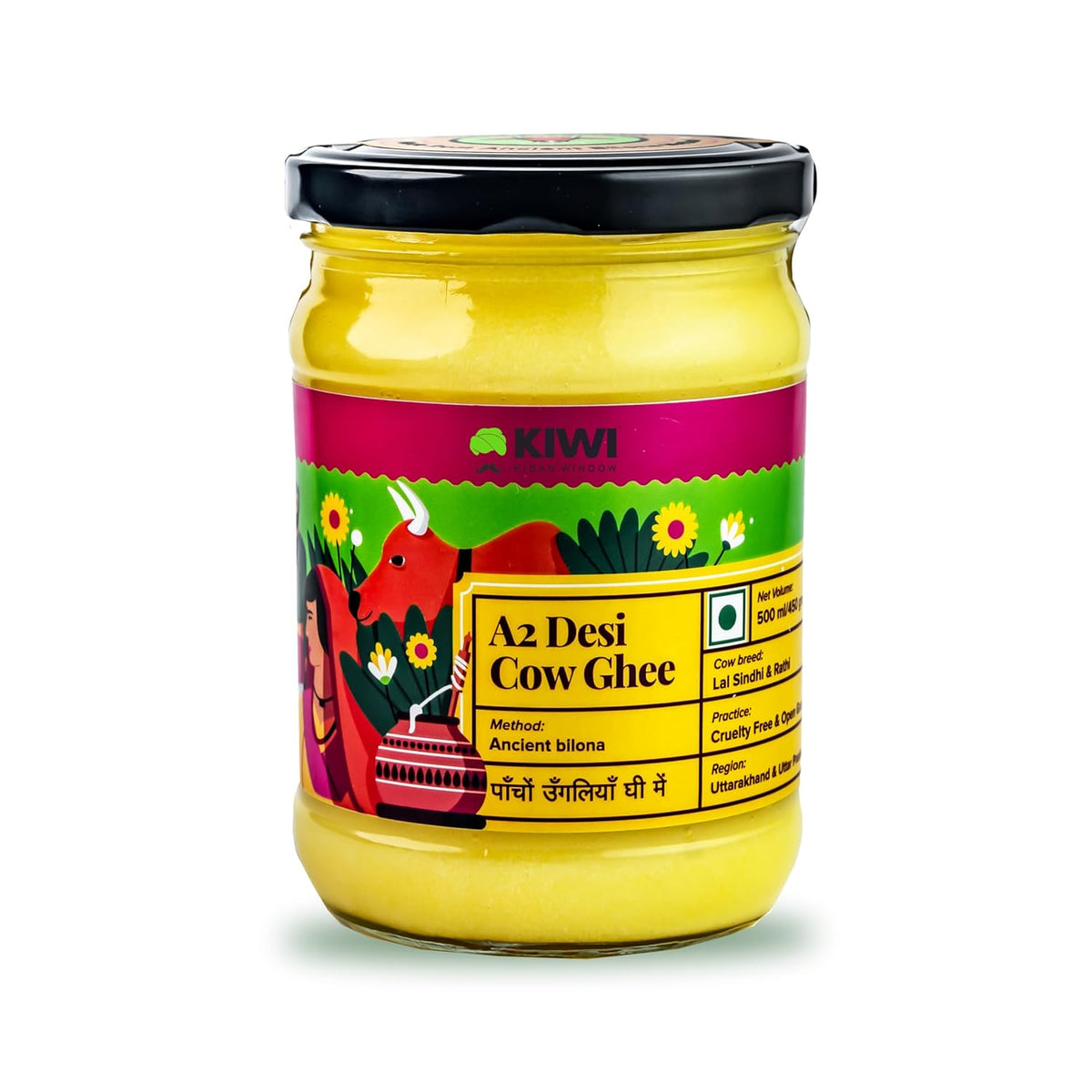 Premium A2 Desi Cow Ghee By Kiwi Kisan Window | Authentic Bilona Method Cow Desi Ghee Good For Boost Immunity | (500ml) 16.9 Ounce | Jar Pack