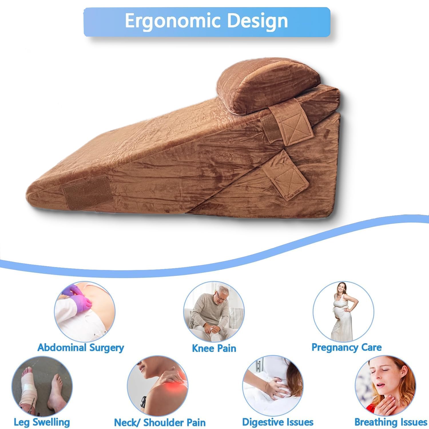 Memory Foam Orthopedic Bed Wedge Pillow, For Head Rest, Back Support - Brown | Adjustable Wedge Cushion For Sleeping, Acid Reflux, Heartburn, Gerd Leg Support | Comfort, Pregnancy Pillow