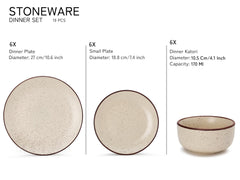 Hand Painted Ceramic Solid Dinner Set Of 18 - Beige Speckled | 6 Dinner Plates, 10.6 Inch Each+ 6 Small Plates, 7.4 Inch Each + 6 Small Dinner Bowls, 170ml Each | Microwave & Dishwasher Safe