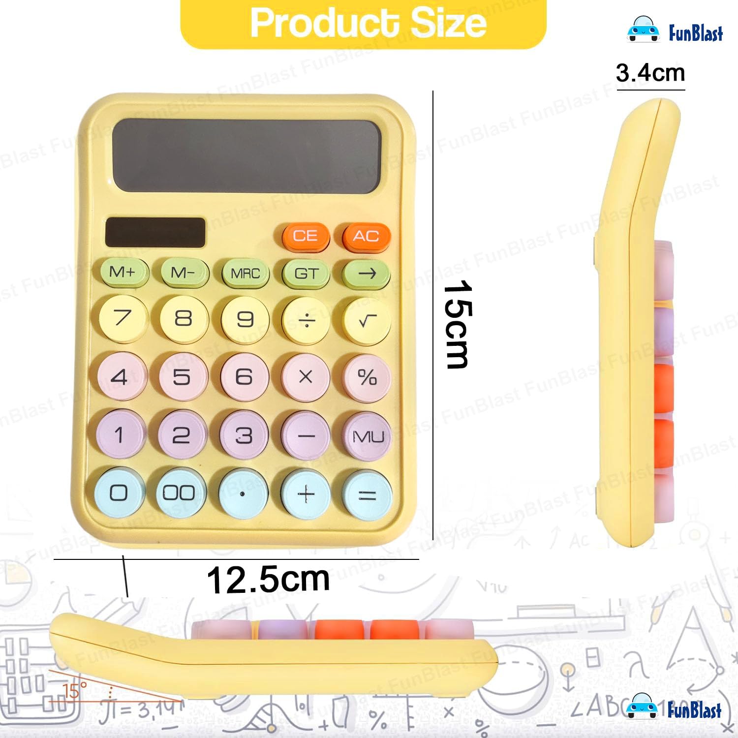 FunBlast Calculator 12 Digit Extra Large 5-inch LCD Display, Big Buttons Easy To Press Use As Office, School & Home Calculators Desktop, 15° Tilt Screen For Kids Calculator (Yellow)
