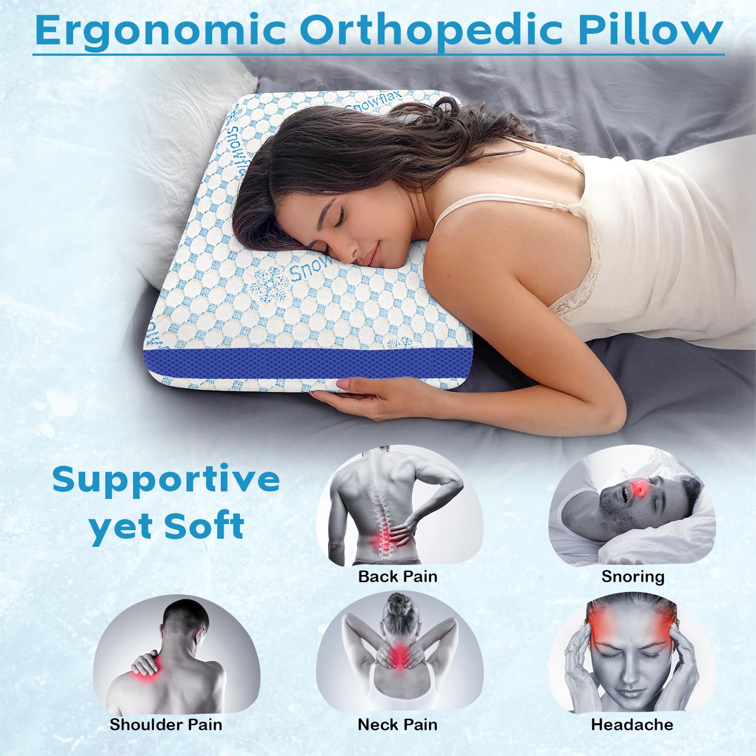 Cooling Memory Foam Pillow For Neck & Shoulder Pain, White & Blue | Orthopedic Pillow For Sleeping, Pain Relief & Spinal Alignment | Ergonomic Design, Durable & Washable - Set Of 2