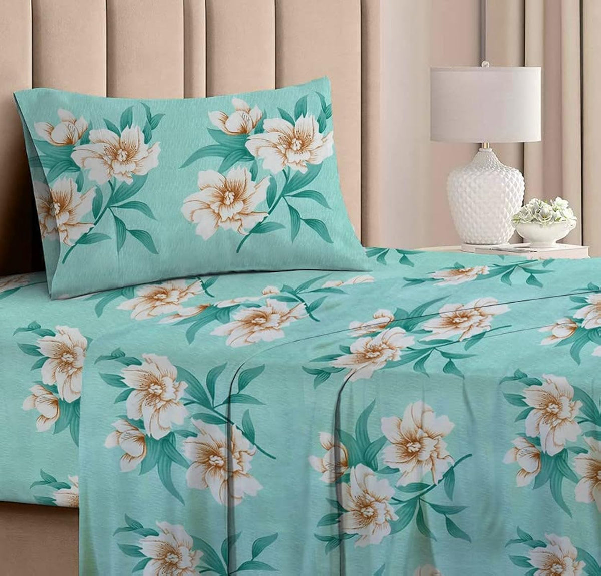 Bedsheet For Single Bed With 1 Pillow Cover - Size 90 X 60 Inches, Pastel Green | Soft Touch Cotton Fabric-Comfortable & Durable | Elegant Printed Bedding Set For Daily Use