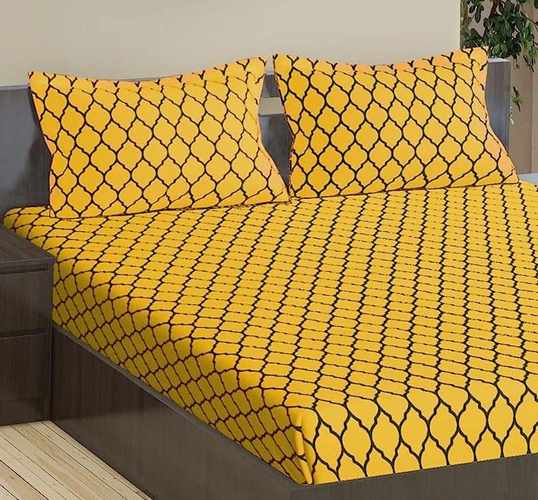 Jaipuri Design Cotton King Size Printed Bedsheet With 2 Pillow Covers - 108 X 108 Inches, Mustard | Ideal For Home Use & Perfect For Gifting On Weddings, Housewarmings & Festivals