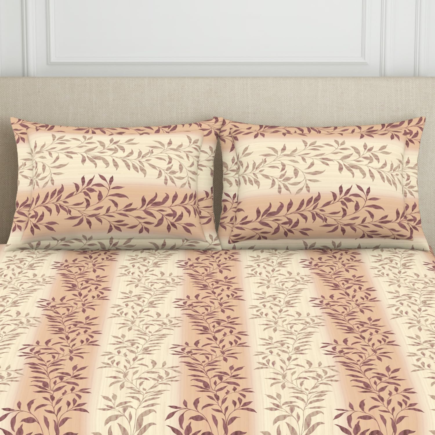 Double Bedsheet For Queen Size 2 Matching Pillow Cover - 88 X 100 Inches, Light Brown & Beige | Durable & Long Lasting Wrinkle Resistant Fabric - Skin Safe & Super Soft
