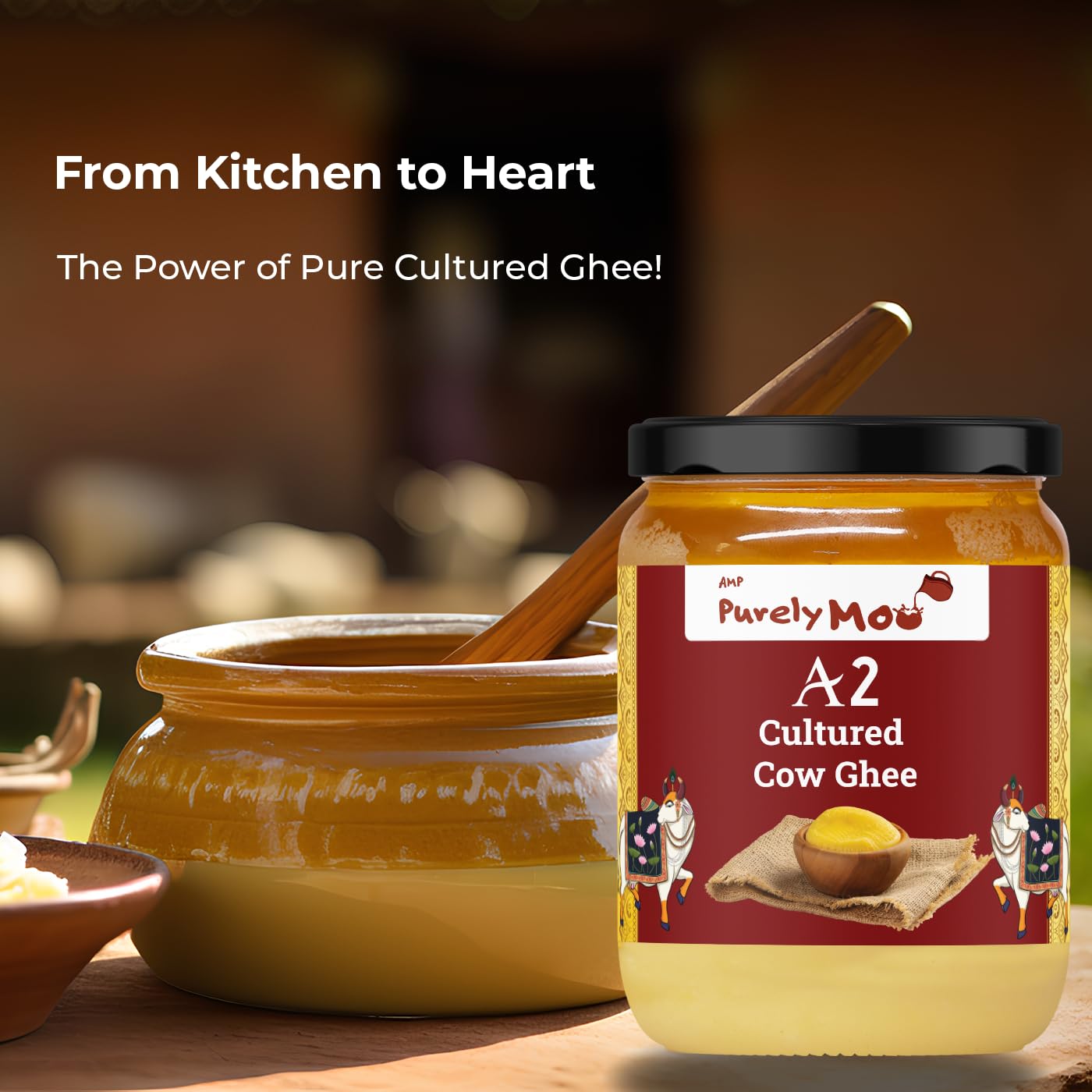 Pure Premium A2 Cultured Gir Cow Ghee By AMP Purely Moo | Natural & Healthy Desi A2 Cow Ghee Perfect For Soothes Skin | (1 Litr) 33.8 Ounce | Jar Pack