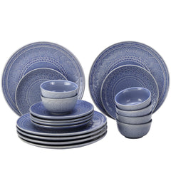 Handcrafted Stoneware Embossed Ceramic Dinner Set Of 18 Pcs - Mist Blue | 6 Dinner Plates+ 6 Small Plates+ 6 Small Dinner Bowls, 180ml Each | Microwave & Dishwasher Safe - Serving For 6