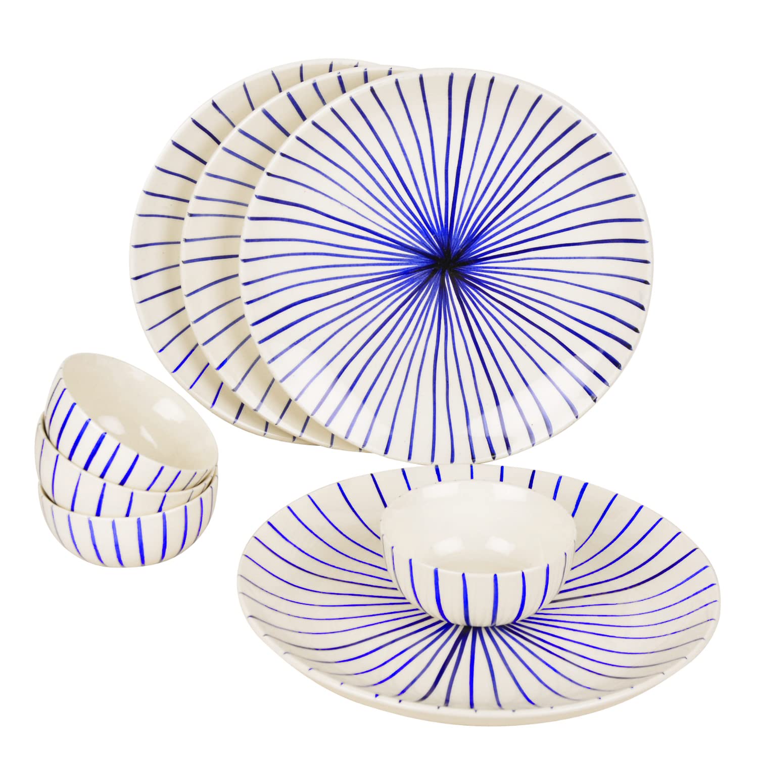 Ceramic Striped Dinner Serving 4 Plates With 4 Dinner Bowls Set Of 8 - White & Blue, Plate Diameter – 10 Inches | Plates & Bowls Set - Blue Kasa Line