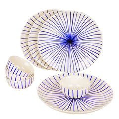 Ceramic Striped Dinner Serving 4 Plates With 4 Dinner Bowls Set Of 8 - White & Blue, Plate Diameter – 10 Inches | Plates & Bowls Set - Blue Kasa Line