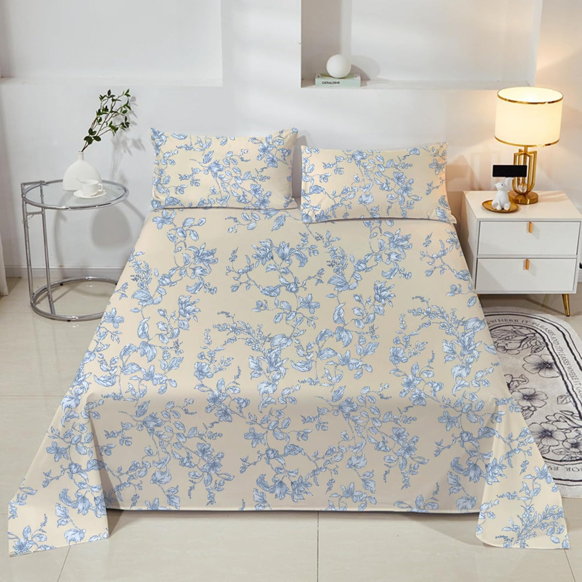 Cotton King Size Printed Bedsheet With 2 Pillow Covers - 108 X 108 Inches, Cream & Blue | Ideal For Home Use & Perfect For Gifting On Weddings, Housewarmings & Festivals
