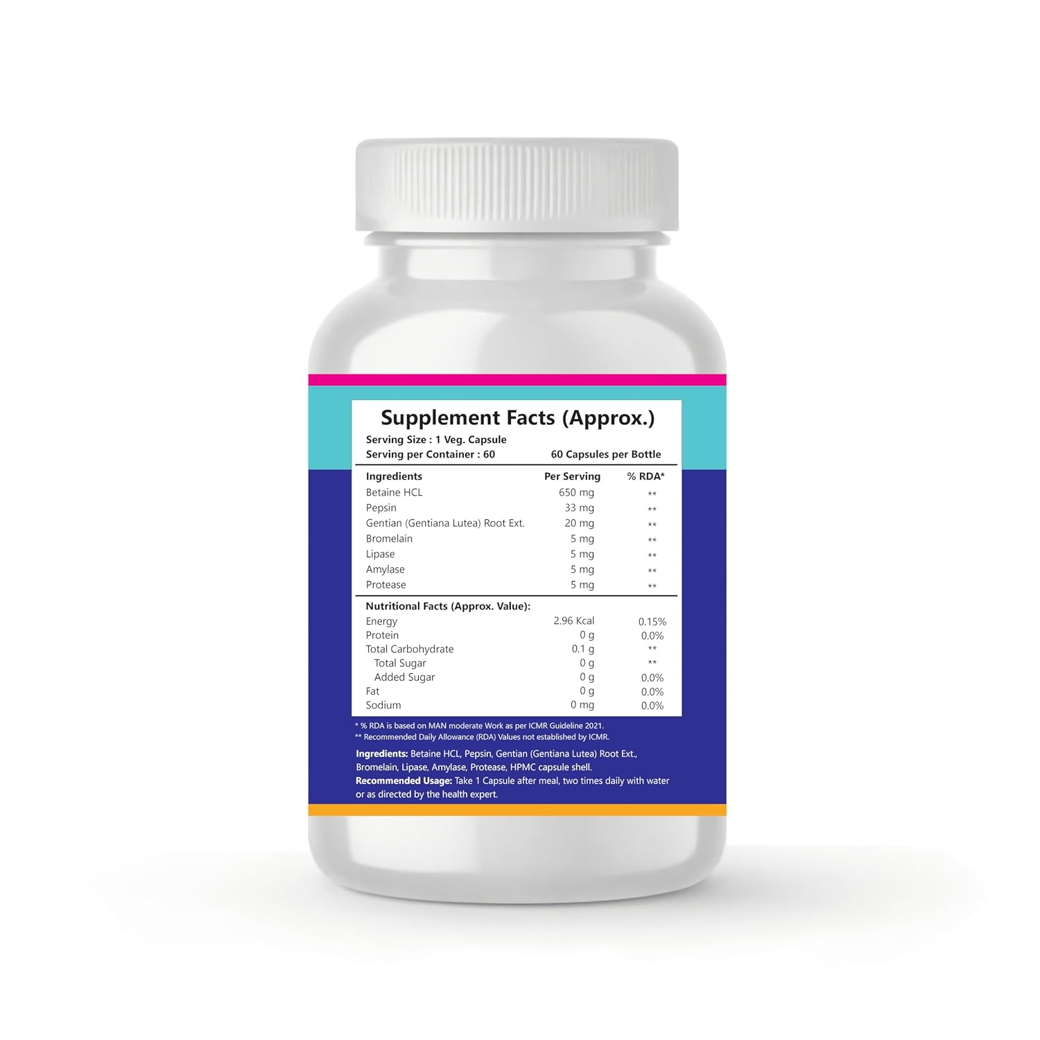 Herbamark Betaine Hcl, Pepsin & Gentian Bitters With Digestive Enzymes, Supports Healthy Gut, Digestion, Gas & Acidity Problems And Boosts Metabolism | 60 Veg Capsules, 100gm 0.2lbs