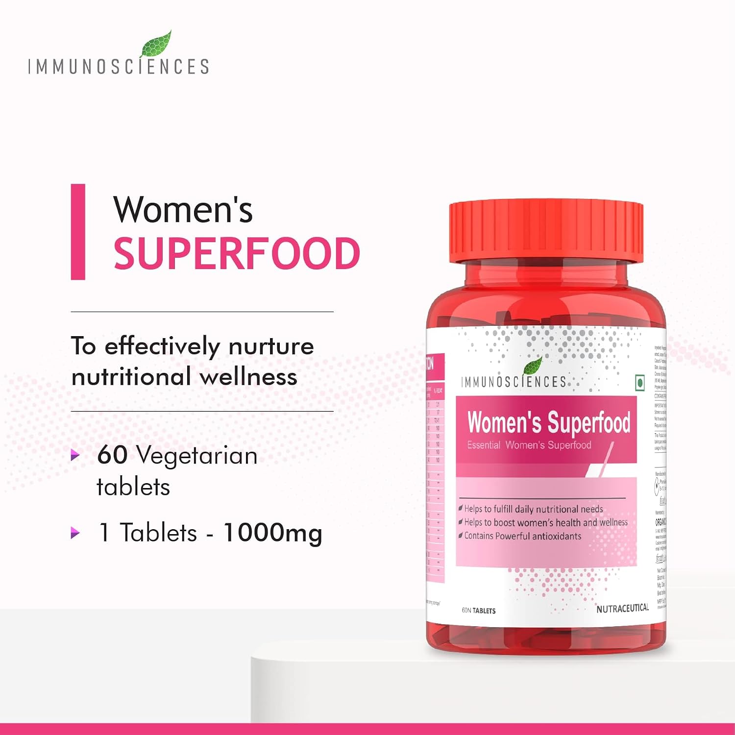 Immunosciences Premium Women’s Superfood Multivitamin For Women With Antioxidants, Zinc, Iron, Calcium, Copper, Vitamin A, B, C, D, E, K, Biotin | 60 Veg Tablets , 100gm 0.2lbs