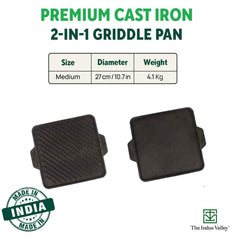 Pre-Seasoned Black Cast Iron Square Griddle Pan With Double Handle - Medium, 27.2 Cm, 10.7 Inch, 4.1 Kg | Gas Compatible, 100% Pure & Toxin-Free, No Chemical Coating