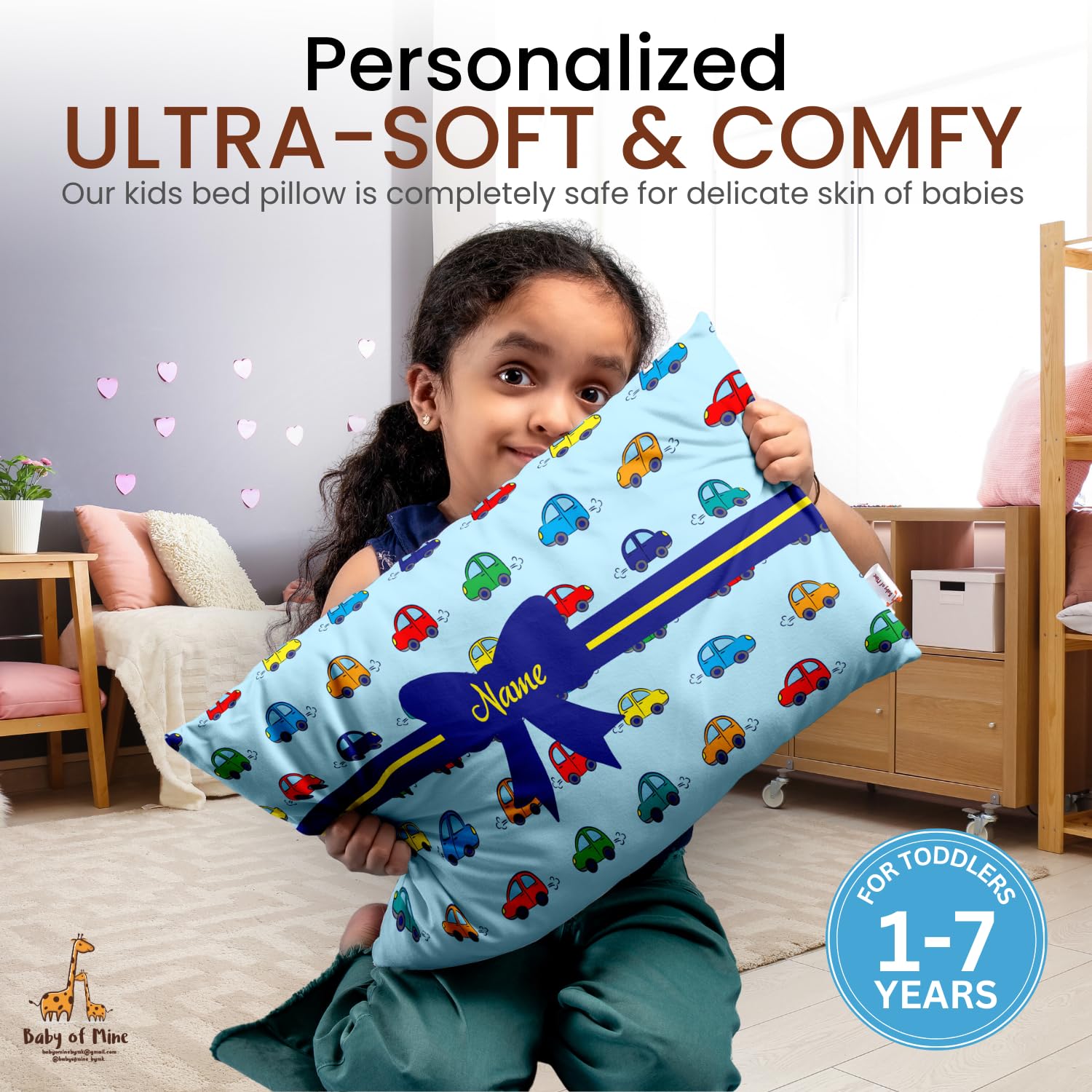Personalized Pillow For Kids, Super Soft Cotton Kids Cushion, Sky-Blue - 12 X 18 Inches | Custom Name, For 5 Years Old Kids, Adorable Prints | For Head, Neck Support Baby Pillow - Pillow 02