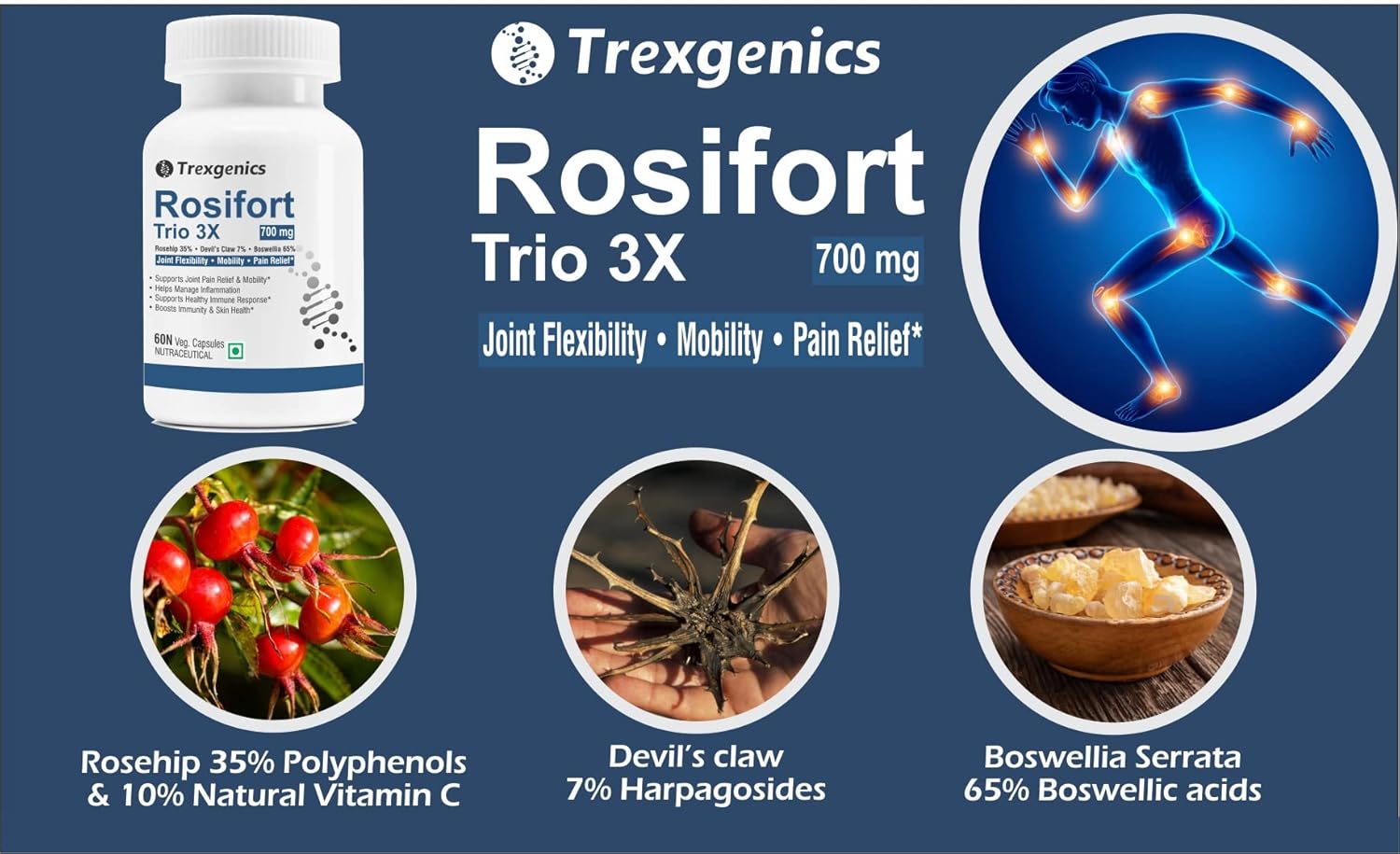 Trexgenics Rosiforte Trio Rosehip, Boswellia, Devil's Claw 700mg Joint Pain & Inflammation Support Vegan & Non - Gmo | 60 Veg Capsules 100gm 0.2lbs Each Pack Of 2