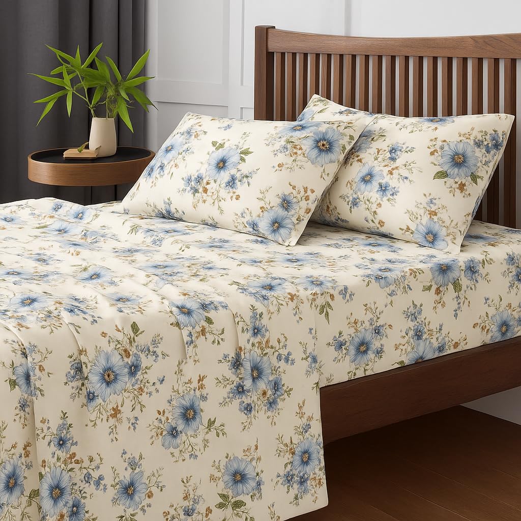 Printed Microfiber Single Bedsheet Include Pillow Covers, Soft Touch & Skin Friendly - Size 68 X 90 Inch, Blue & White | 186 Thread Count - Ultra - Soft Single Bedsheet