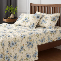 King Size Bedsheet With 2 Pillow Covers - 108 X 108 Inches, Cream & Blue | Wrinkle & Fade Resistant Bedding | Perfect For Homes, Hotels, Villas, Resorts & Guest Houses