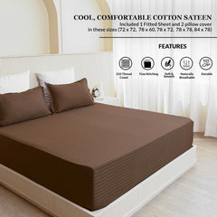 210 TC Cotton Double Bed Fitted Bedsheets With 2 Pillow Cases - 78 X 72 Inches, Brown | Satin Stripes Wrinkle Free | Comfortable Fabric Bedsheet