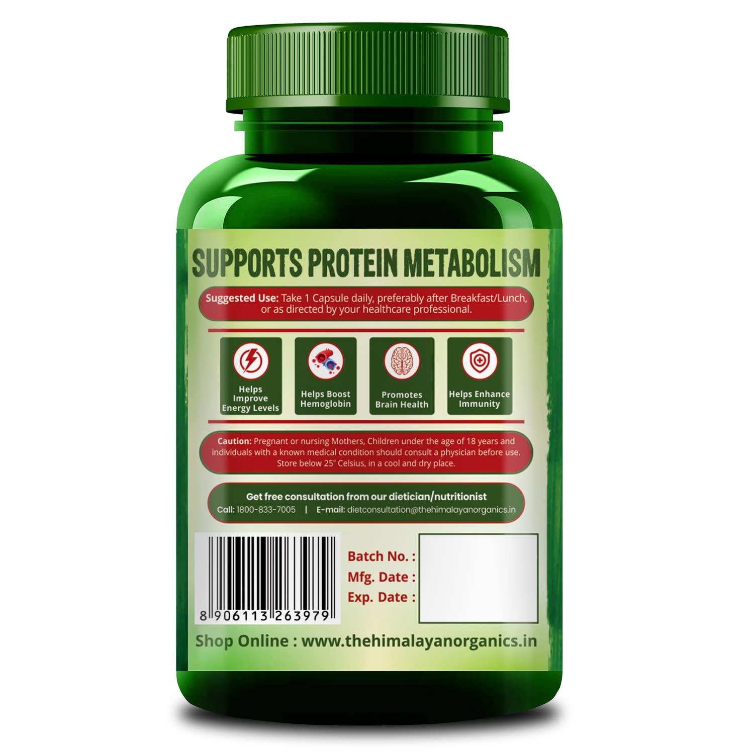 Himalayan Organics Plant - Based Vitamin B6 | Supports Immunity, Brain Health | 120 Capsules , 200gm 0.4lbs