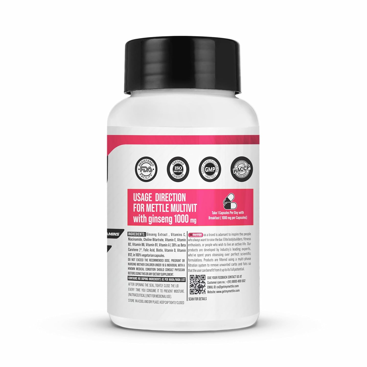 Getmymettle Multivitamin Capsule For Women & Men With Ginseng , 12 Vitamins , Enhances Energy , Stamina & Immunity | 60 Capsules , 100gm 0.2lbs