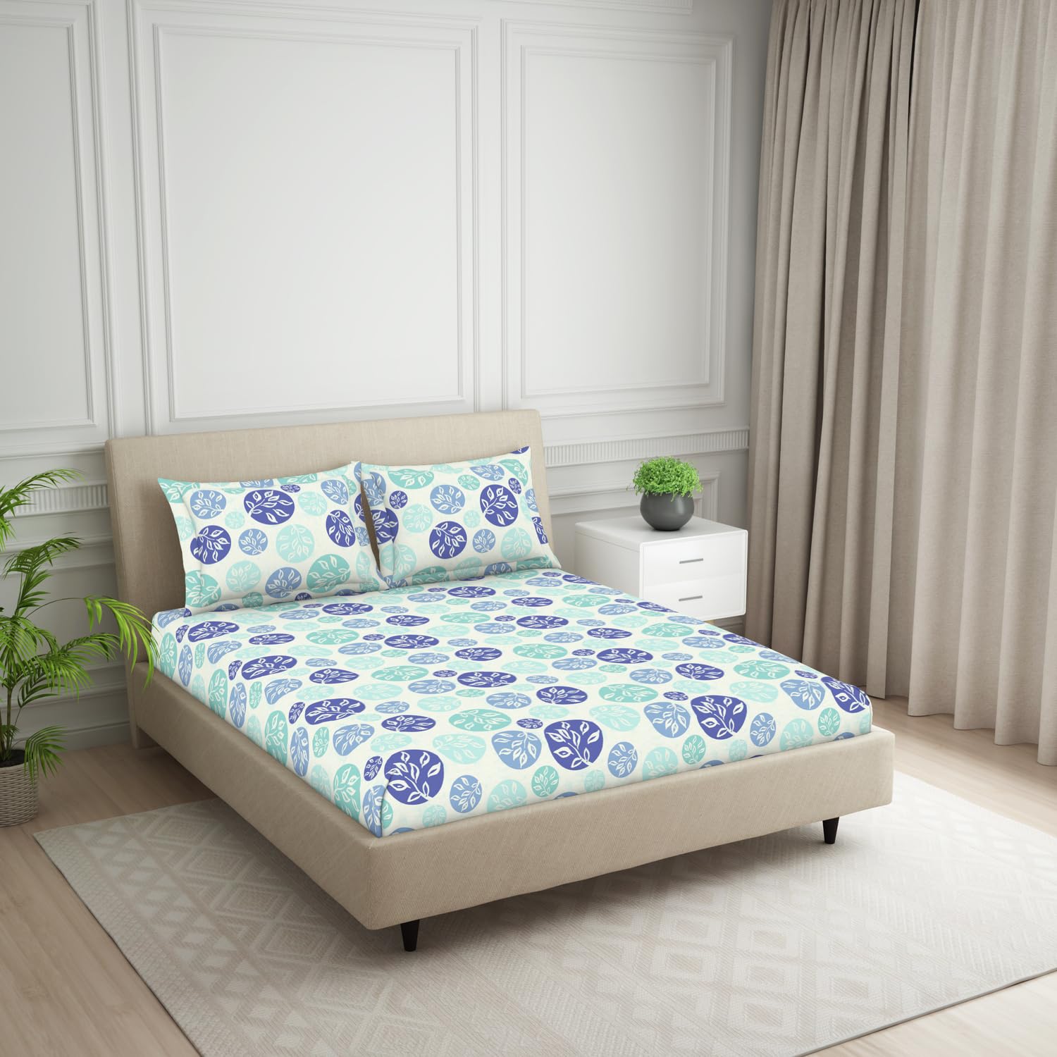 King Size Double Bedsheet 2 Matching Pillow Cover - 108 X 108 Inches, White & Blue | Durable & Long Lasting Wrinkle Resistant Fabric - All Season Comfort