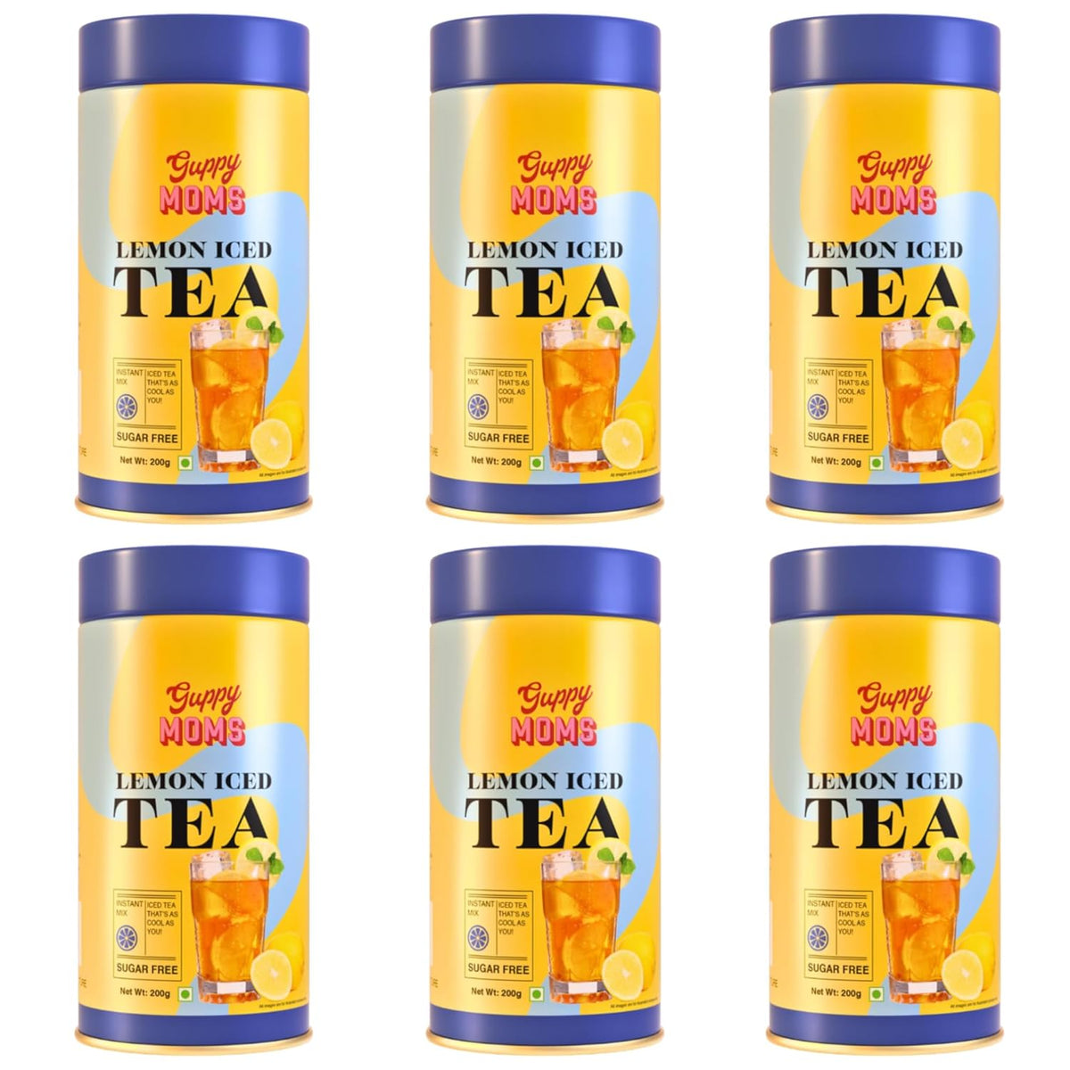 Guppy Moms Lemon Iced Tea Powder - Pack Of 6 X 200gm, 7.05 Ounce Each | Aromatic, Healthy & Easy To Prepare - Sugar Free & Refreshing Summer Drink | Caffeine Free