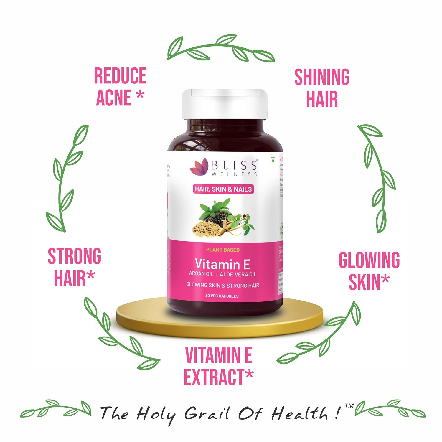 Bliss Welness Plant Based Natural Vitamin E, Sunflower Oil Extract, Argan Oil Extract , Aloevera Extract | Pure Skin Hair & Face Care Health Supplement | 30 Vegetarian Capsules 50gm 0.1lbs