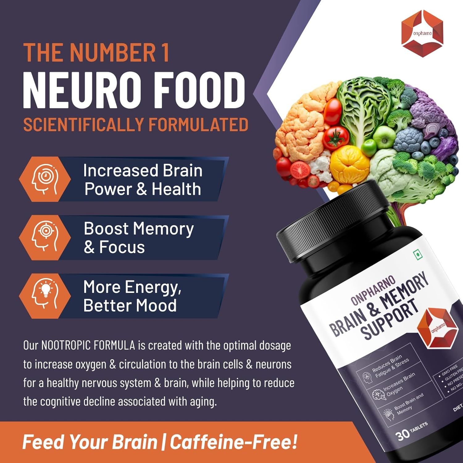 Onpharno Brain & Memory Support, For Improved Memory, Focus & Clarity, Enhance Cognitive Function, Potent Formula With Brahmi, Ginseng, Ginkgo Biloba, L- Theanine | 30 Tablets 100gm 0.2lbs
