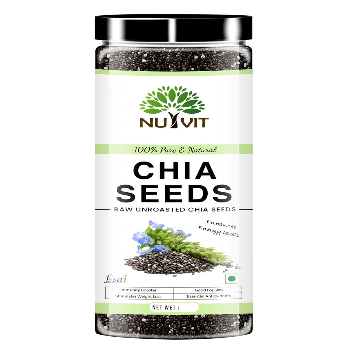 Nutvit 100% Pure & Natural Chia Seeds, Rich In Omega -3 & Fibre, Healthy Snacks For Weight Loss Management | 200gm 0.4lbs