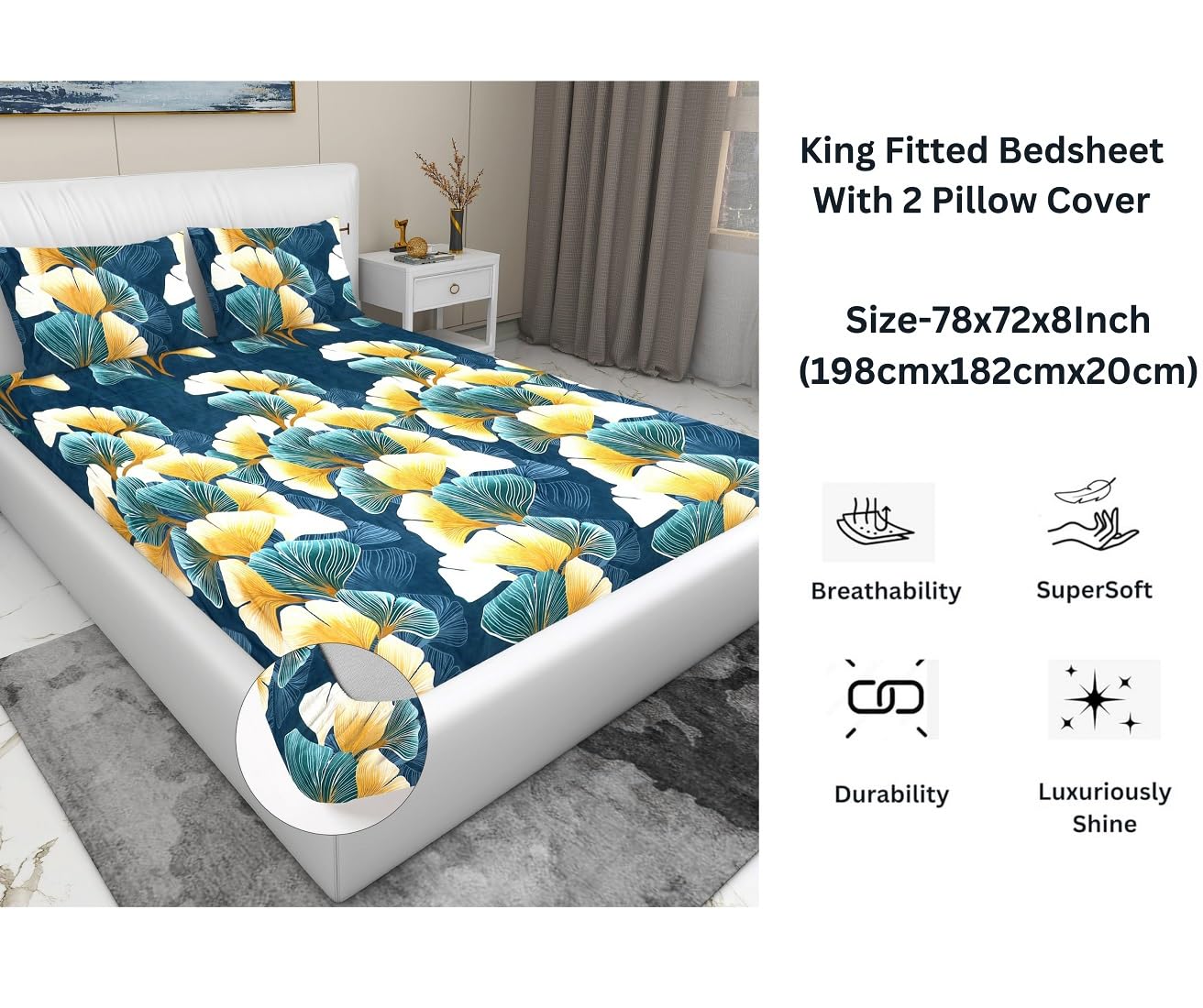 Luxurious Glace Cotton Super Soft Bedsheets King Size Bed (72 X 78 X 8 Inch) With 2 Pillow Cover | All Around Elastic Fitted Bedsheets, Teal Blue
